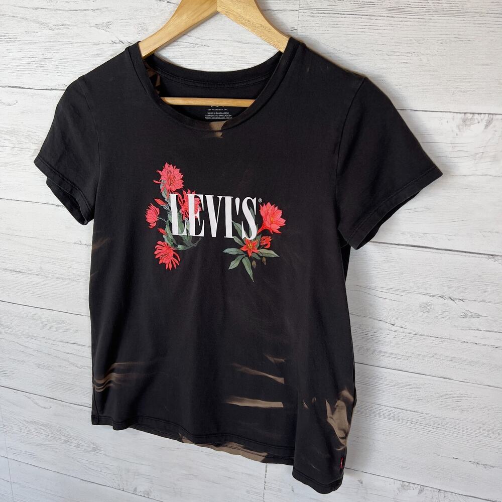 Levis Top SZ XS Black The Perfect Tee Bleached Logo Cactus Flower Short Sleeve - Picture 4 of 12